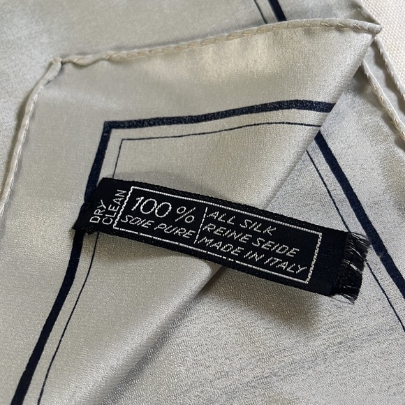 YSL Silk Scarf. Beige with navy border. YSL logo. Approximately 26”x26” - Picture 5 of 5